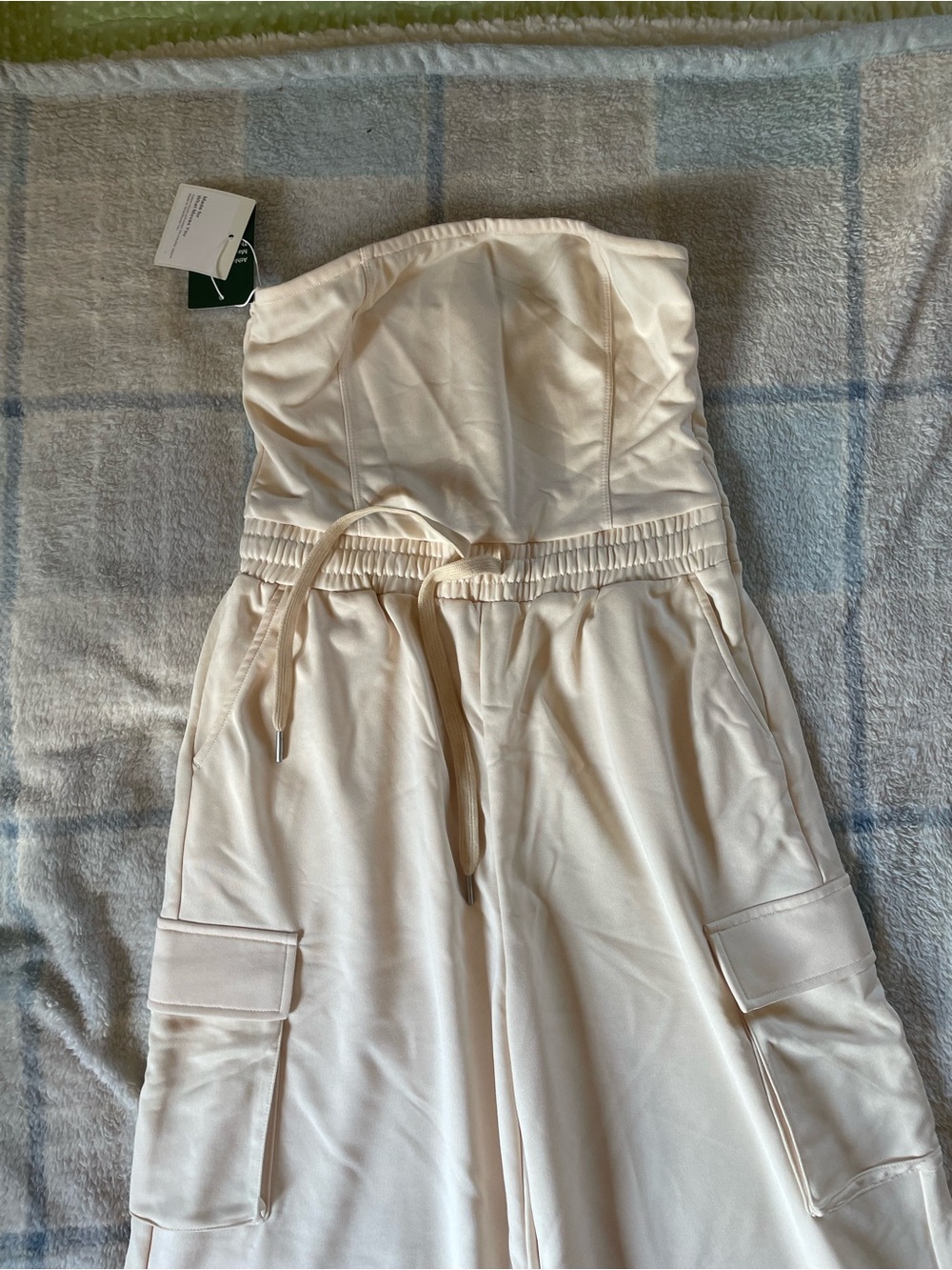 HALARA Cream Strapless Cargo Jumpsuit with Drawstring Waist
